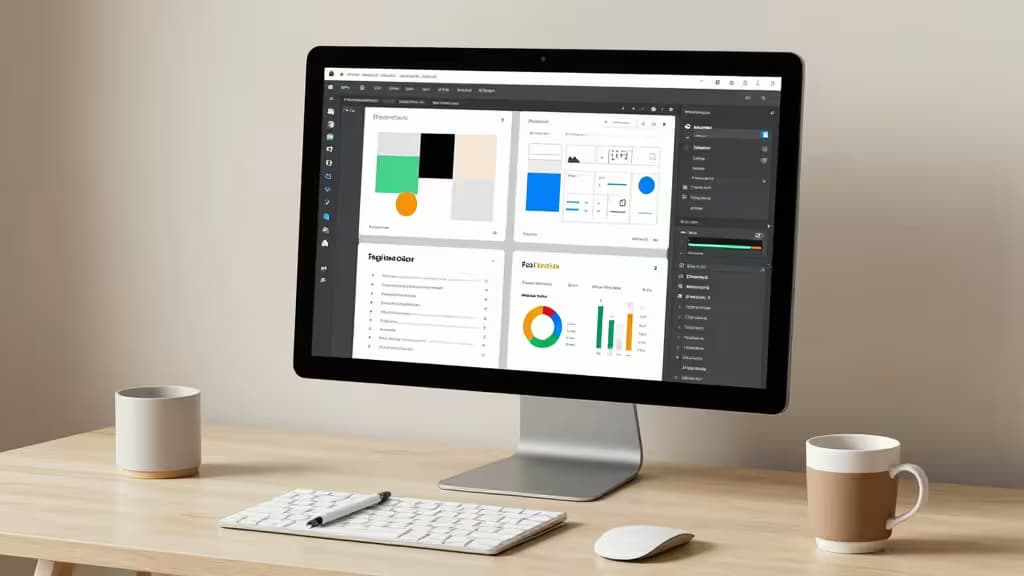 Espacio de trabajo moderno con monitor mostrando interfaz de diseño UX con herramientas de IA integradas, moodboards y gráficos de datos, sobre un escritorio minimalista con libreta y stylus.