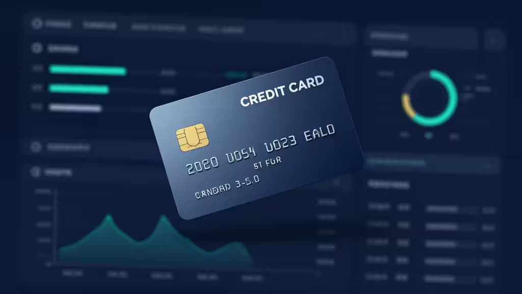 Абстрактная цифровая иллюстрация корпоративной виртуальной карты над финансовым дашбордом с графиками аналитики расходов и слайдерами лимитов