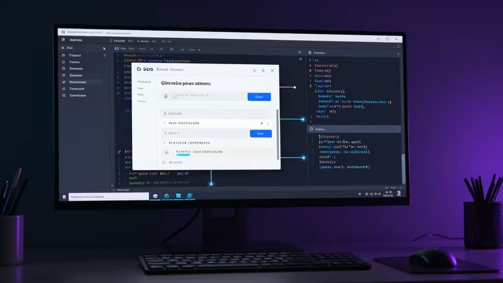 Un monitor da sviluppatore mostra un'interfaccia di pull request di GitHub con un overlay di revisione AI.