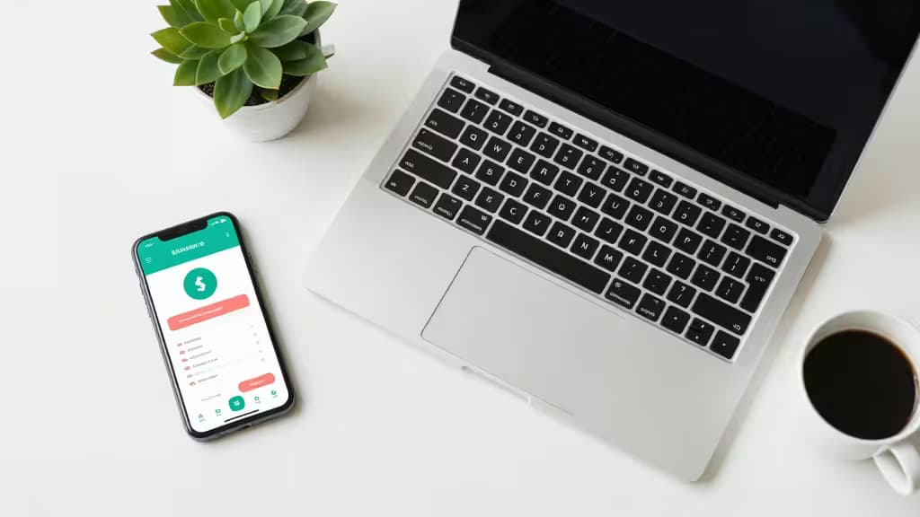 Portátil prateado, telemóvel com app bancária verde, chávena de café branca e planta suculenta sobre uma secretária branca e limpa.