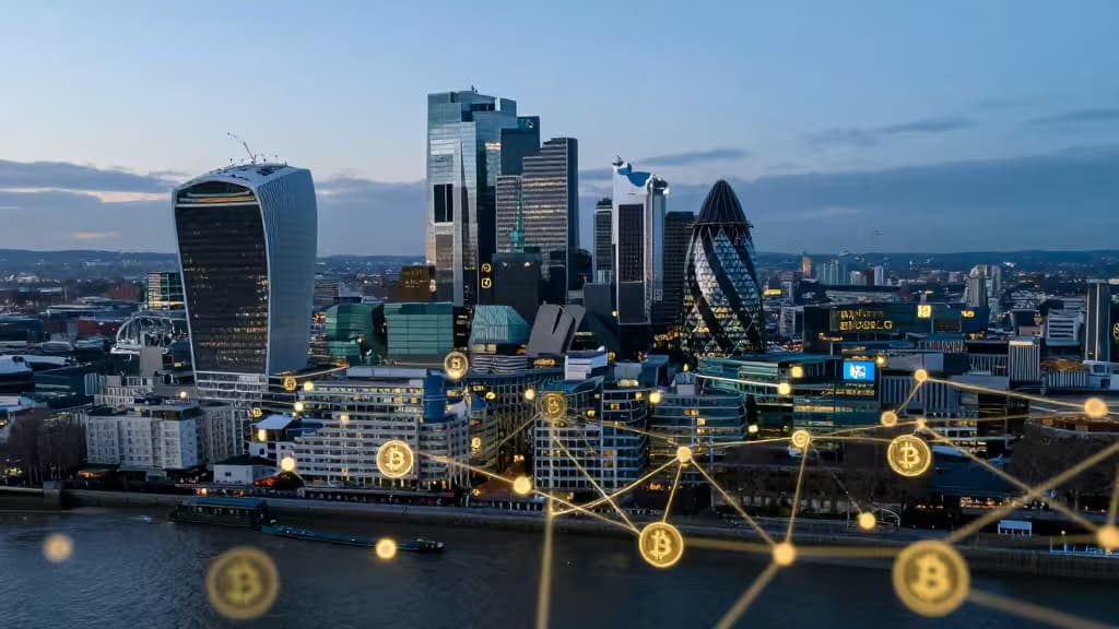 London skyline at dusk with glowing Bitcoin symbols and network lines overlaying the cityscape.