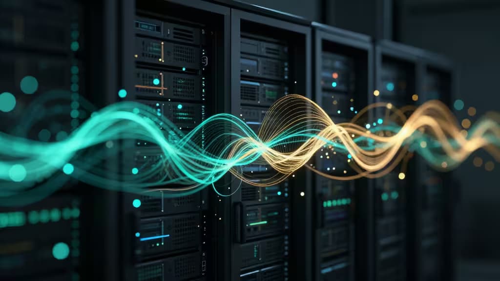 Teal and amber data streams flow across dark server racks.
