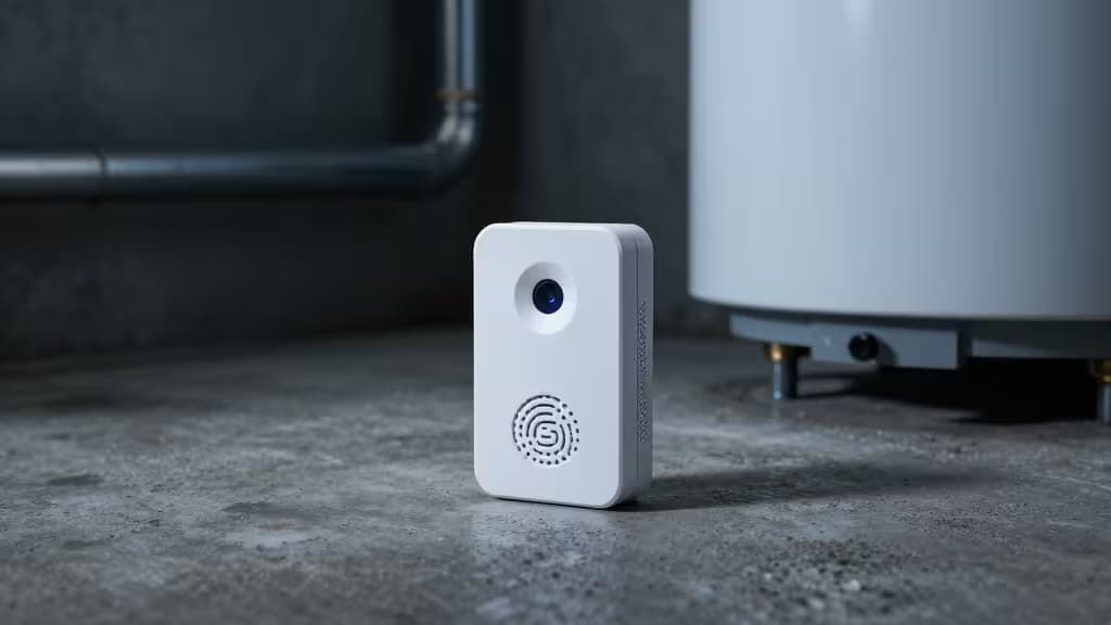 White plastic sensor with blue lens and speaker grille sits on concrete floor beside water heater.