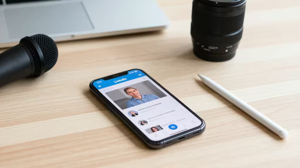 Smartphone displays LinkedIn profile on wooden desk beside microphone, lens, and stylus.