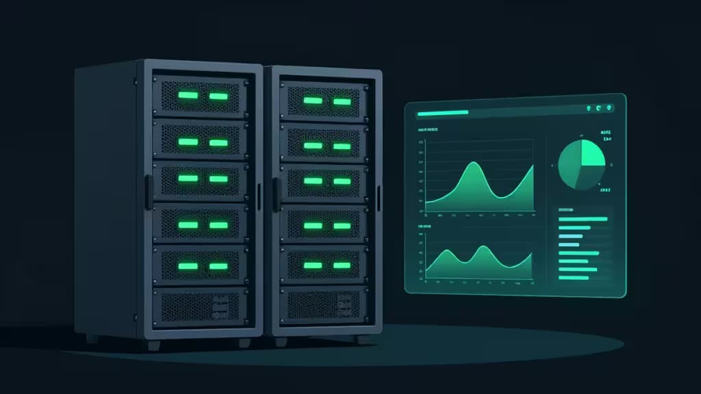 Dark server racks with glowing green lights stand beside a translucent dashboard displaying uptime graphs and metrics.