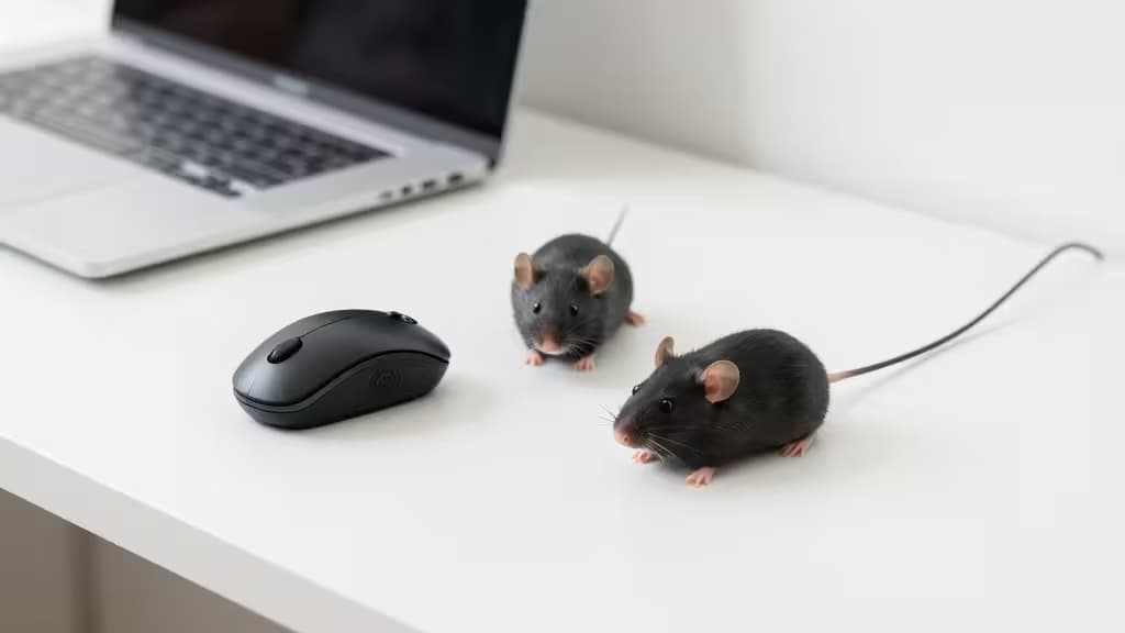 Tres ratones ergonómicos —uno vertical, uno trackball y uno compacto— sobre un escritorio blanco junto a un portátil, con luz natural suave.