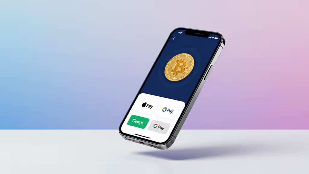 A smartphone displaying a Bitcoin purchase interface with mobile wallet payment options, set against a clean minimalist desk with soft gradient lighting.