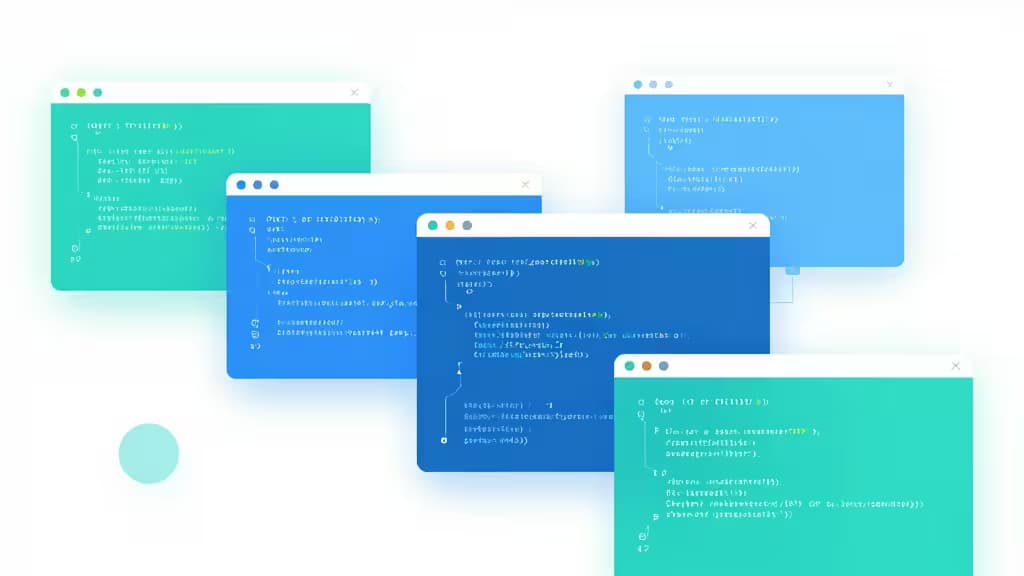 Overlapping browser windows display colorful code snippets, symbolizing streamlined end-to-end testing workflows for web apps.