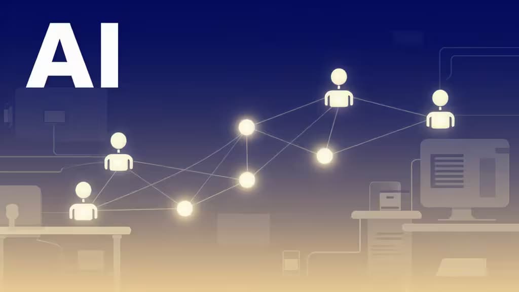 Ilustração abstrata de nós luminosos interligados representando agentes de IA autónomos num espaço de trabalho digital, com gradiente de índigo a âmbar.