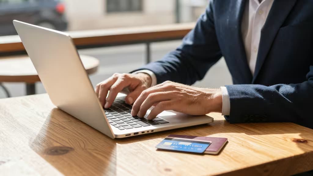 Um freelancer digita em um laptop sobre uma mesa de madeira de café, com cartões de crédito e passaporte ao lado.