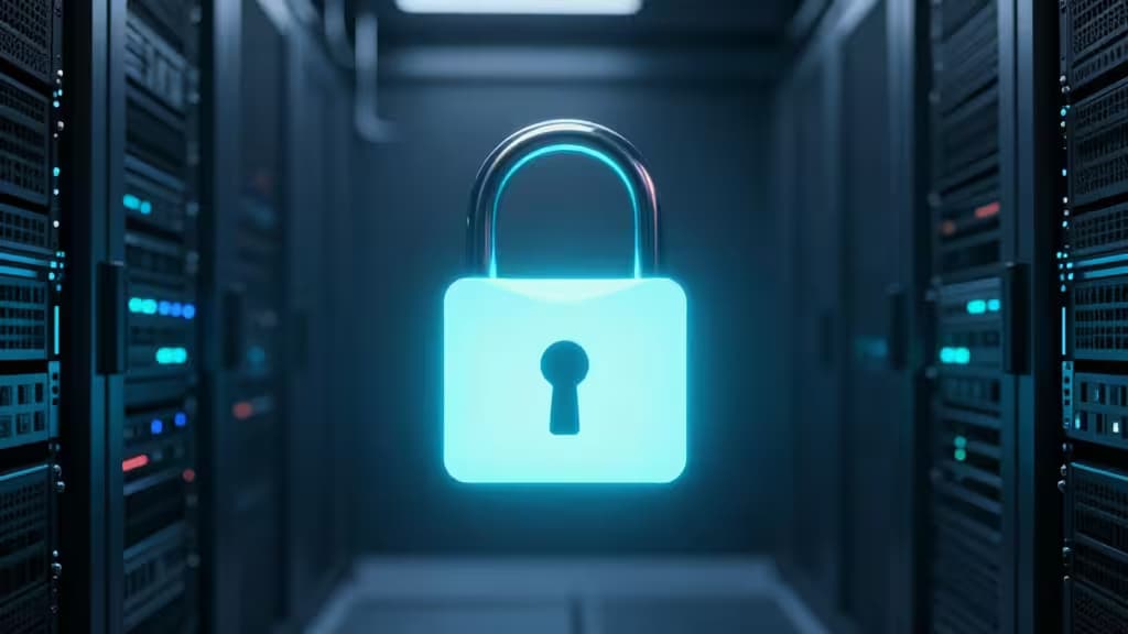 A glowing cyan padlock hovers between server racks, symbolizing secure self-hosted password management.