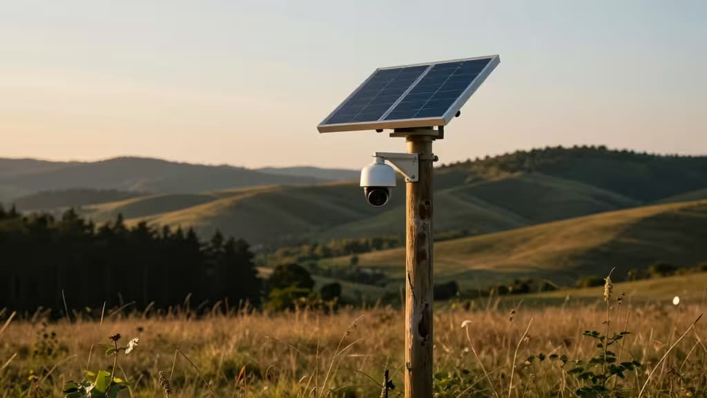A solar-powered security camera with solar panel mounted on a weathered wooden post in a remote rural landscape at golden hour, with rolling hills and forest in the background.