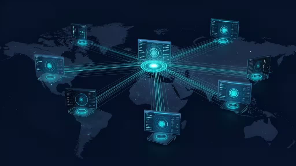 Glowing blue holographic monitors connect across a world map, symbolizing global edge observability.