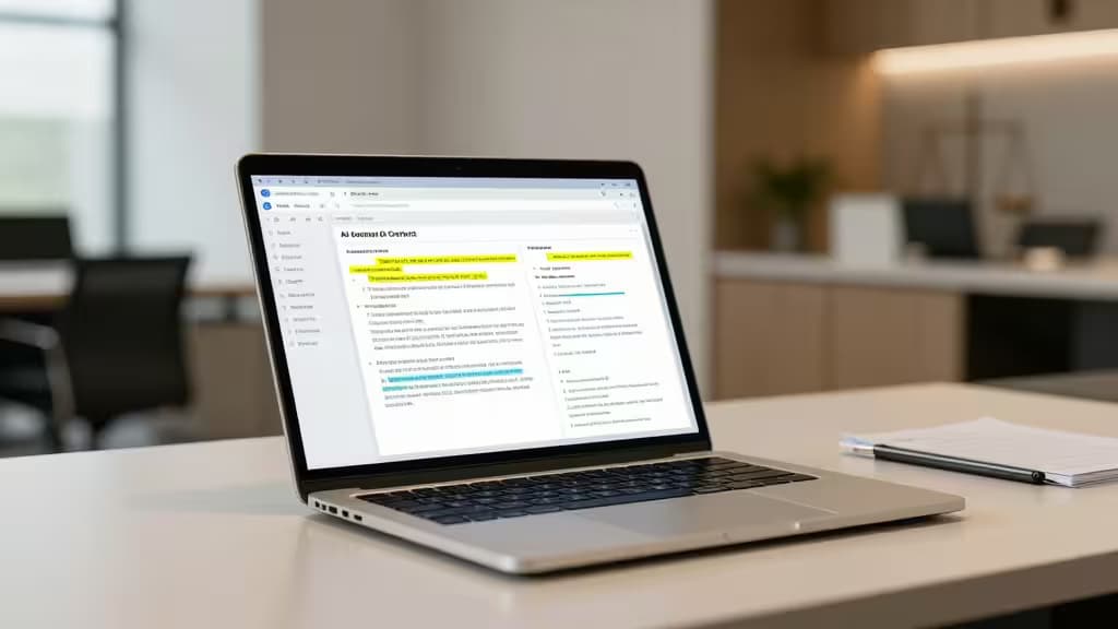 Laptop displays AI-highlighted legal contract on sleek desk in modern law office.