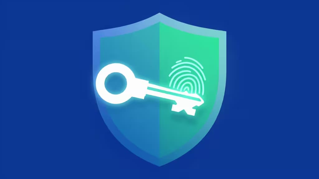 Um ícone de chave e impressão digital brilhantes sobre um escudo azul-esverdeado contra um fundo azul escuro.