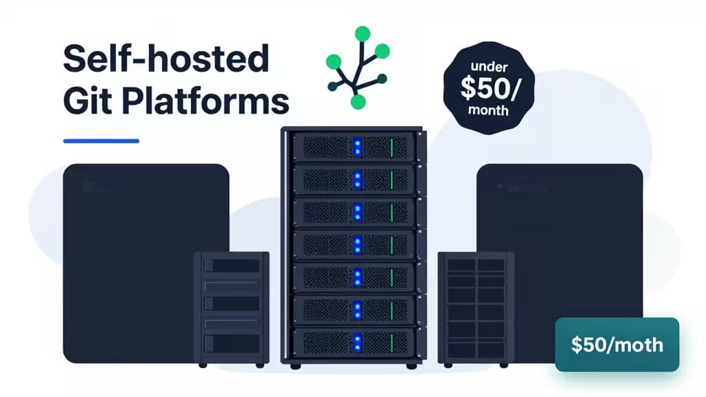Server rack e icone di rete illustrano piattaforme Git self-hosted accessibili sotto i $50 al mese.