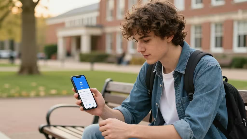 Een student op de campus checkt zijn telefoon waarop spaardoelen te zien zijn, met een stenen gebouw op de achtergrond.