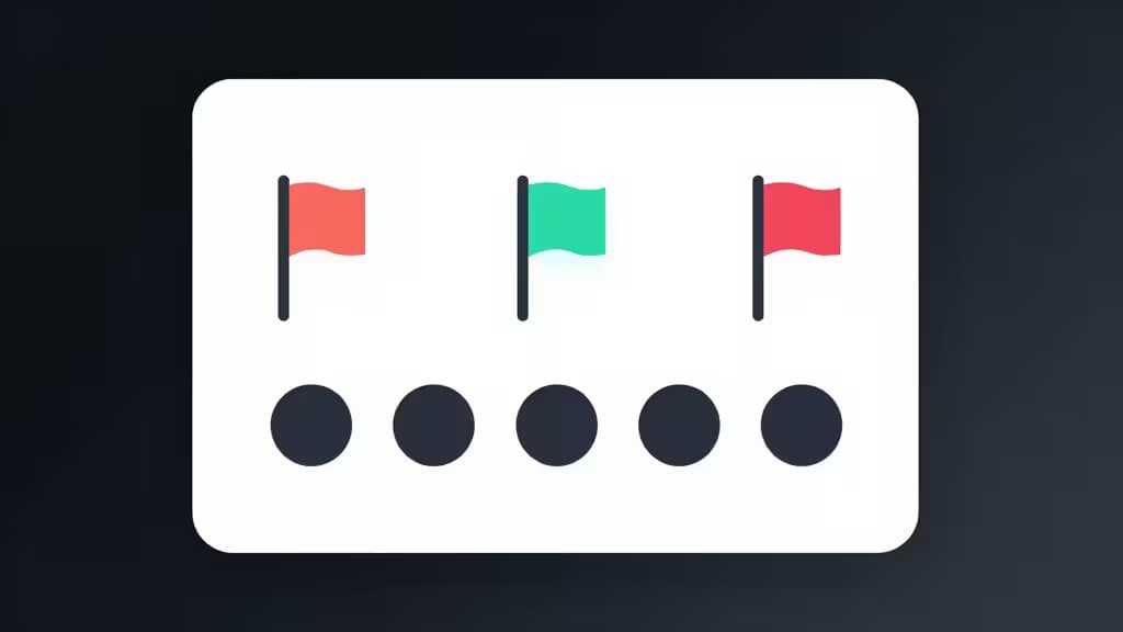 Tre flag colorati — rosso, verde, rosso — su una card bianca con cinque interruttori scuri, a simboleggiare i feature flag negli strumenti per startup.