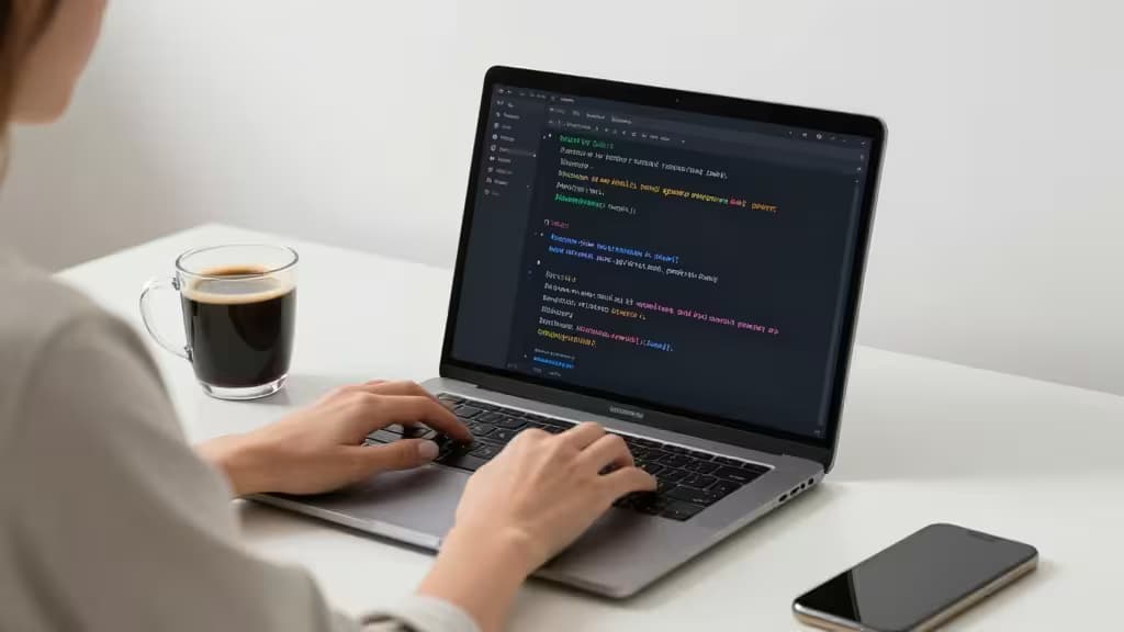 Osoba programująca na laptopie w domowym biurze, obok kubek kawy i telefon, na ekranie terminal z uruchomionym lokalnym modelem AI – symbol prywatności i pracy offline