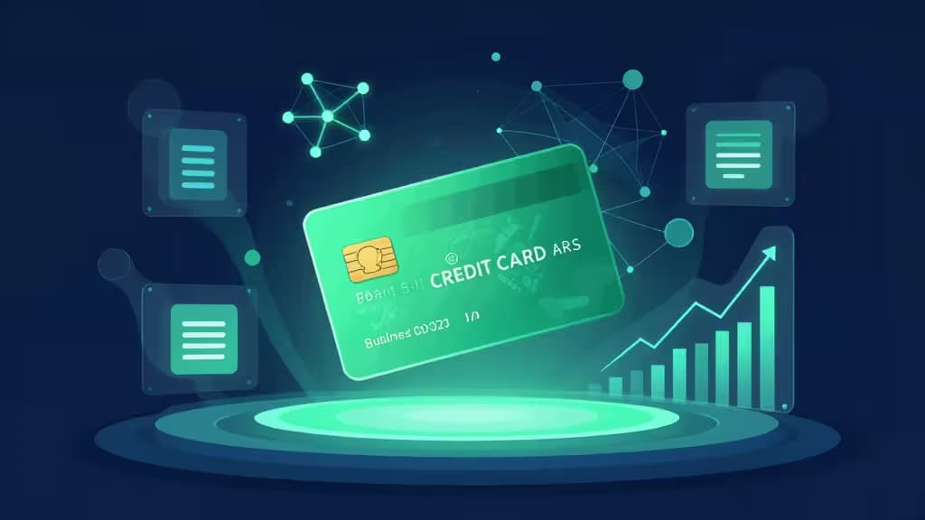 Abstract illustration of business credit cards floating above a digital dashboard with SaaS subscription icons, AI neural network nodes, and upward-trending financial charts in deep blue and emerald green.