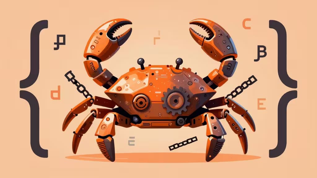 Abstract illustration of a metallic mechanical crab structure in orange and charcoal tones, surrounded by floating code symbols and curly braces, representing Rust programming and AI-assisted development.