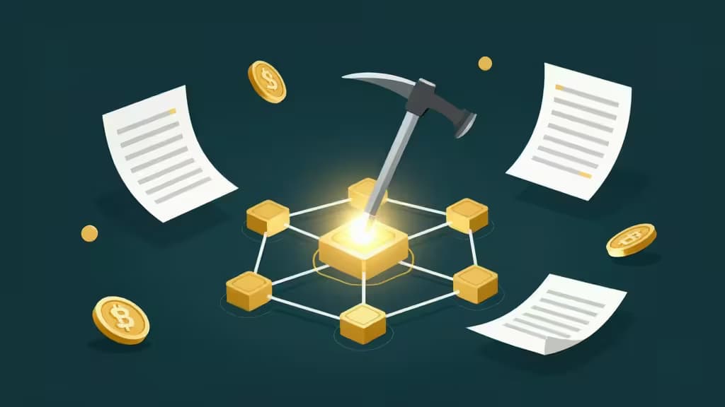 Abstract illustration of cryptocurrency mining and tax calculation with a glowing digital pickaxe, floating coins, and ledger elements in teal and gold