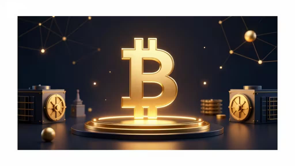 Un symbole Bitcoin doré et lumineux se dresse sur un piédestal, encadré par des coffres-forts et des réseaux numériques, symbolisant les plateformes d'investissement crypto sécurisées pour les investisseurs européens en 2026.