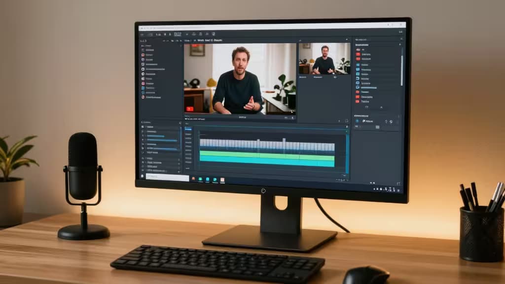 A sleek monitor displays AI video editing software with dual creator feeds, flanked by a microphone and pen holder on a warm wooden desk.