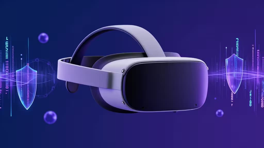 White Apple Vision Pro headset floats amid glowing blue shield icons and encrypted data streams on deep purple background.