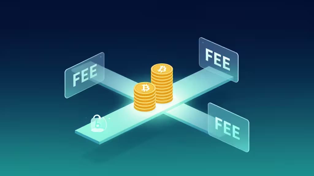 Pile di Bitcoin dorate su un ponte traslucido tra piattaforme, affiancate da tre pannelli fluttuanti con commissioni, su sfondo gradiente teal scuro.