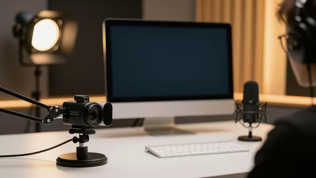 Black webcam on adjustable arm sits on white desk beside microphone, monitor, and keyboard under warm studio lighting.