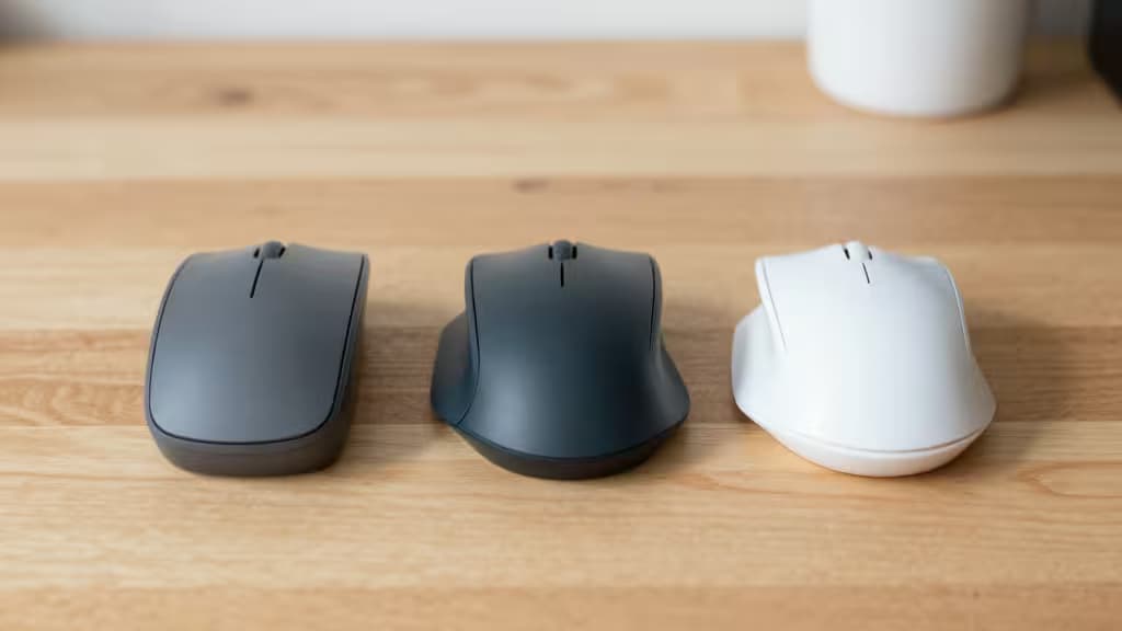 Trois souris verticales ergonomiques en gris, noir et blanc posées sur un bureau en bois clair.