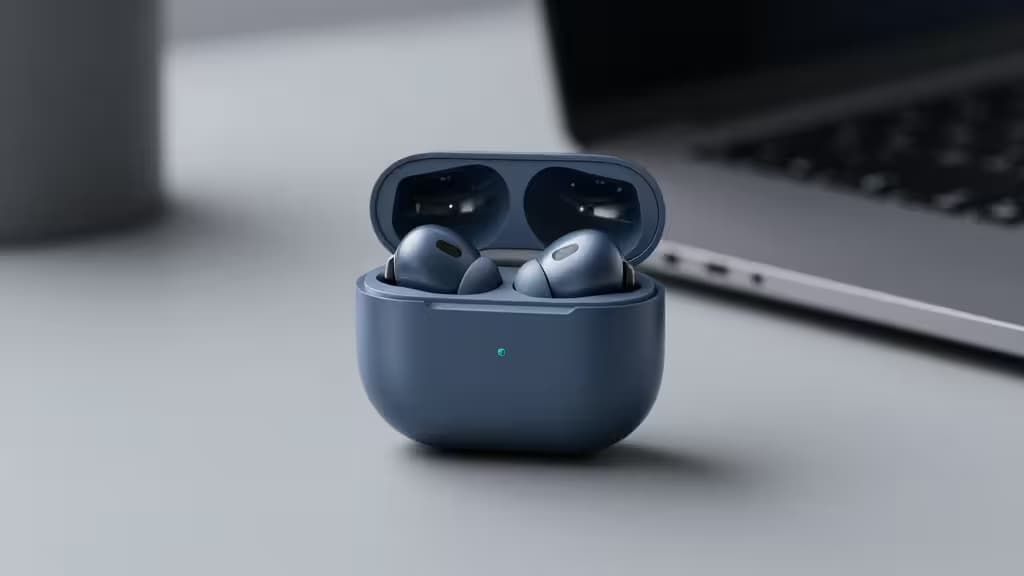 Matte blue earbuds rest in their open charging case on a minimalist desk beside a laptop.