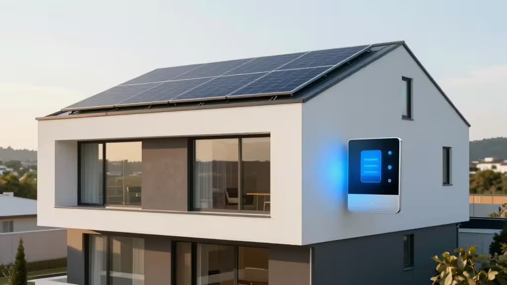 Casa moderna branca com painéis solares no telhado e um painel de controlo de energia smart com luz azul montado na parede exterior.