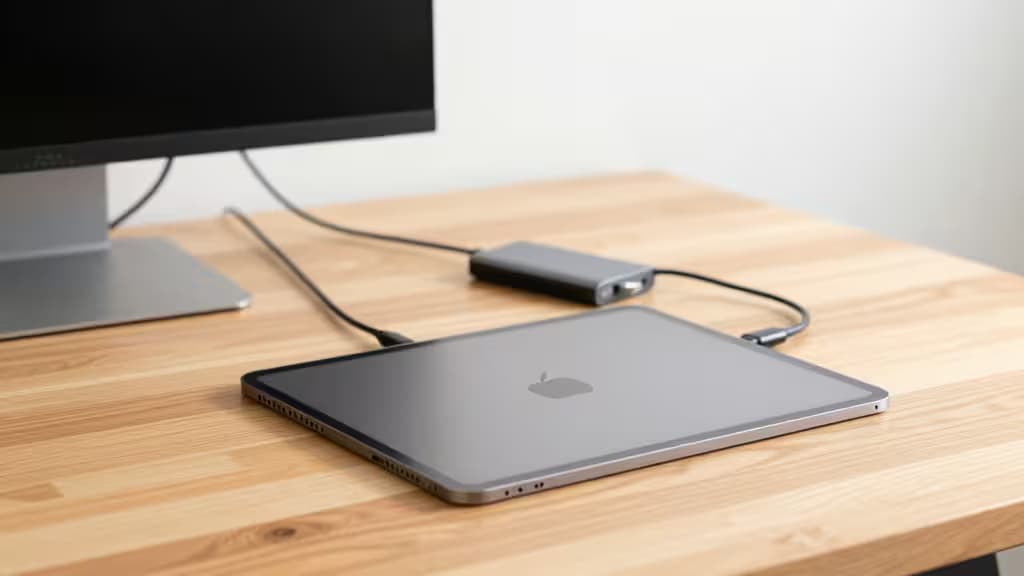 Um iPad Pro prateado conectado a um hub USB-C compacto sobre uma mesa de madeira clara, alimentando monitores externos.