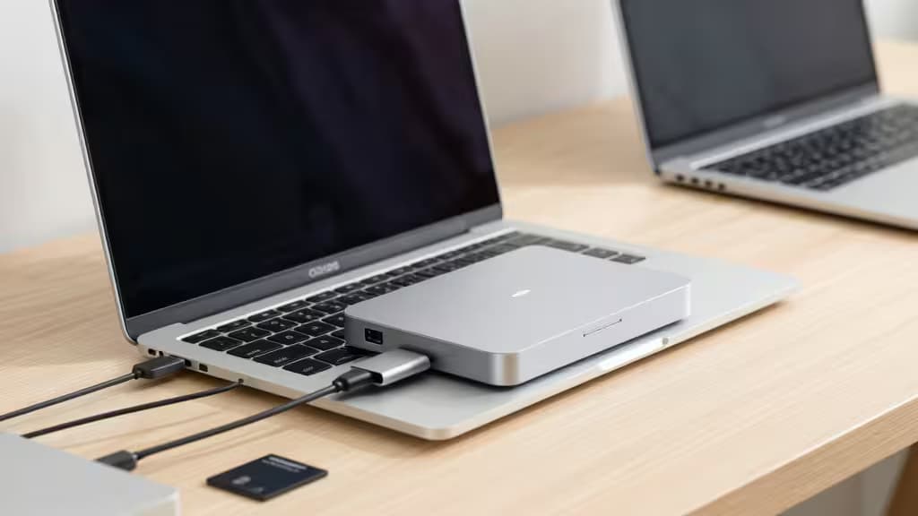 MacBook Air argenté avec hub USB-C, câbles et carte SD sur un bureau en bois clair.