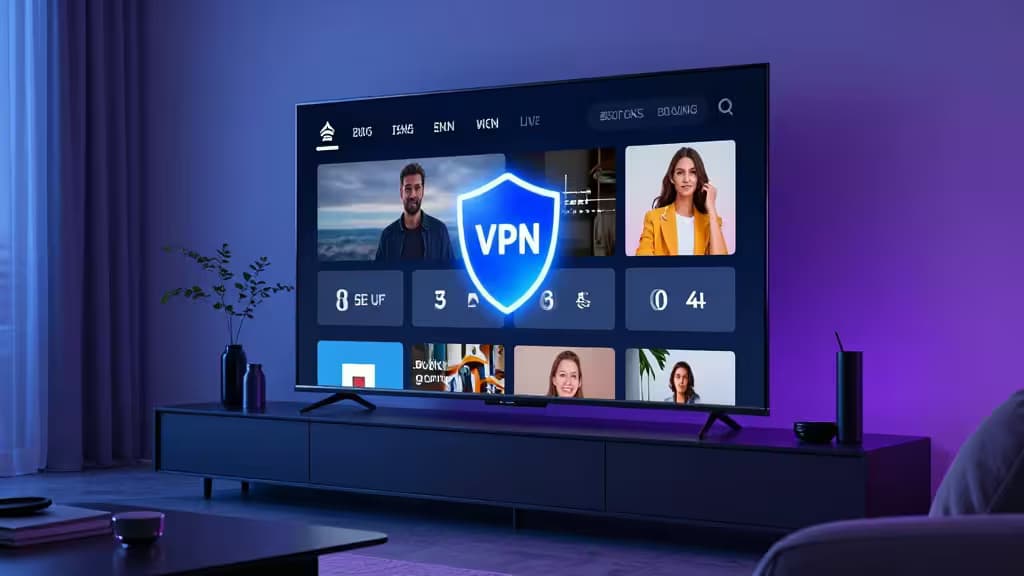 A modern TV displays a VPN shield overlay on a streaming interface, set in a dimly lit living room.