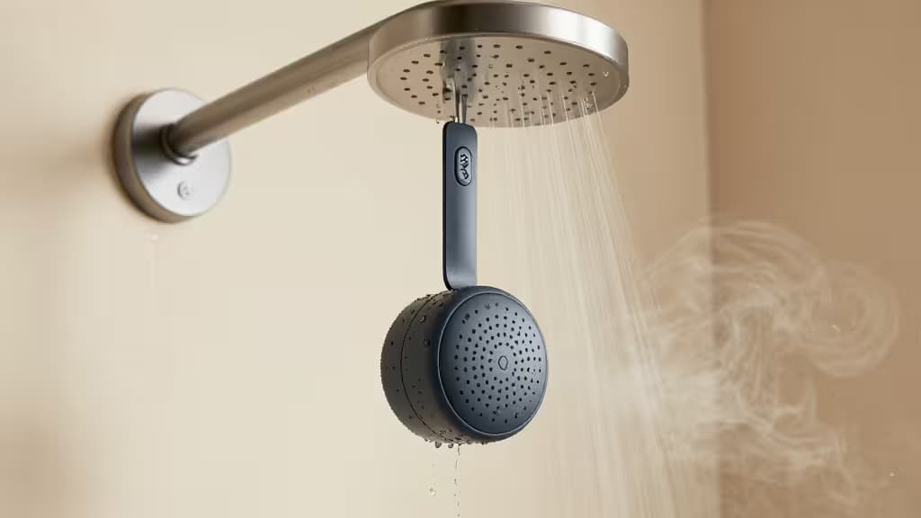 Altavoz Bluetooth gris colgado bajo la ducha, con gotas y vapor, sobre fondo beige.