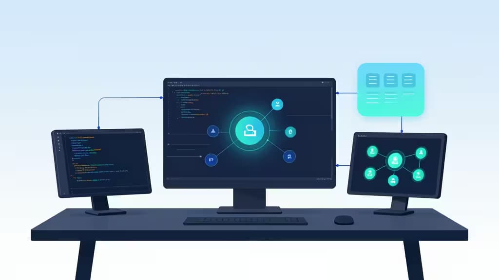 Abstract developer workspace with floating code editor windows and glowing API connection lines in blue and teal against a minimal gradient background