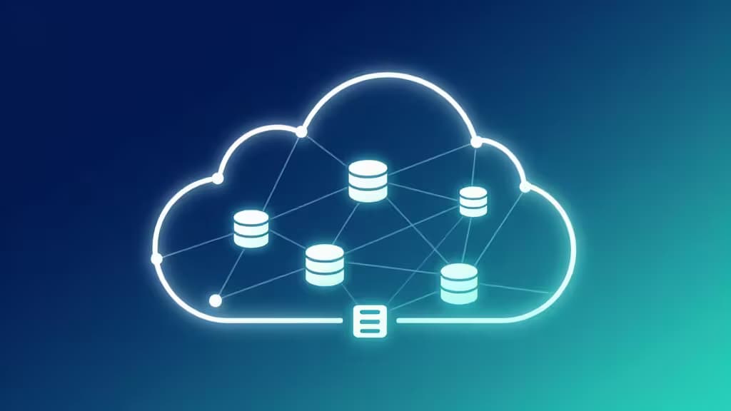 Glowing cloud icon with interconnected database cylinders and network nodes on a blue-to-teal gradient background.