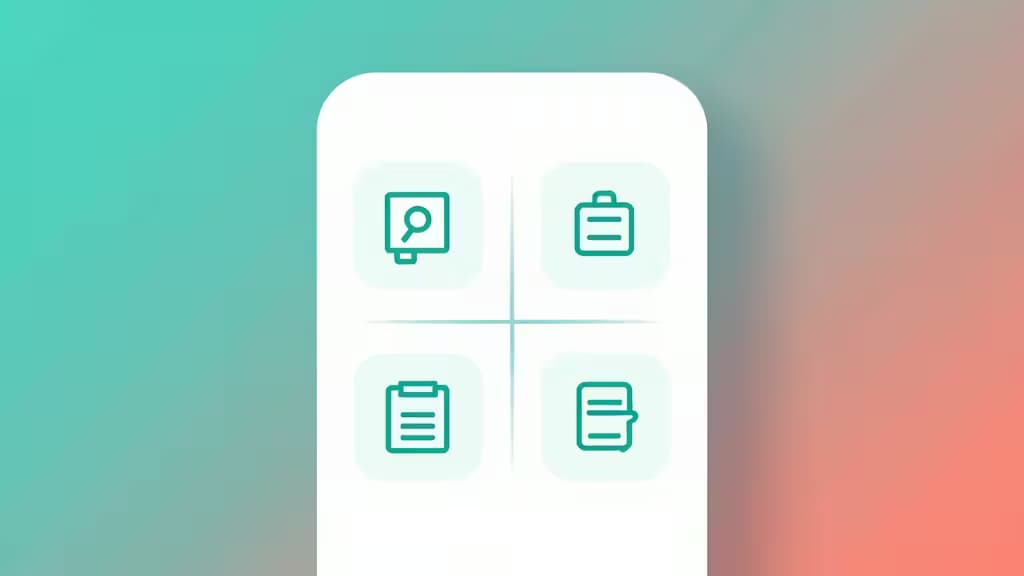 Smartfón blanco muestra cuatro iconos financieros turquesa sobre un fondo degradado, ilustrando las funciones de las apps de compra ahora, paga después.