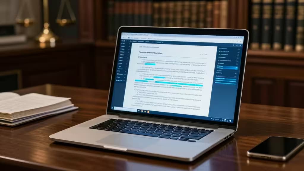 Laptop displays AI contract review tool on wooden desk beside law books and smartphone.