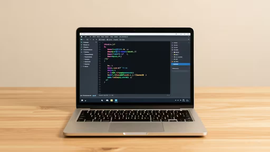 Silver laptop on light wood desk displays Node.js code in dark IDE.