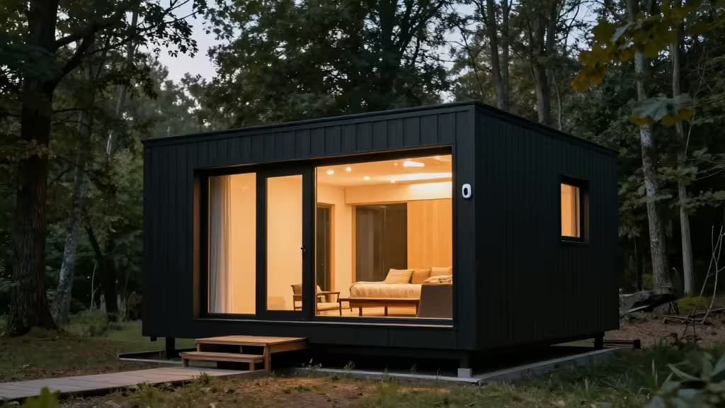 Zwarte metalen vakantiewoning met verlichte ramen, houten terras en zichtbare slimme sensor op de buitenmuur, in een bos bij schemering.
