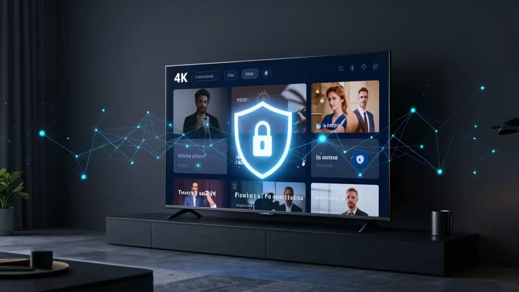 Un icono de escudo azul brillante flotando sobre una pantalla de Smart TV 4K, rodeado de nodos de red digital, simbolizando la protección VPN segura para contenido de streaming.