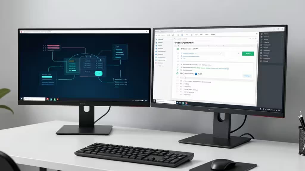 Dos monitores muestran interfaces de migración de MongoDB sobre un escritorio limpio con teclado y ratón.