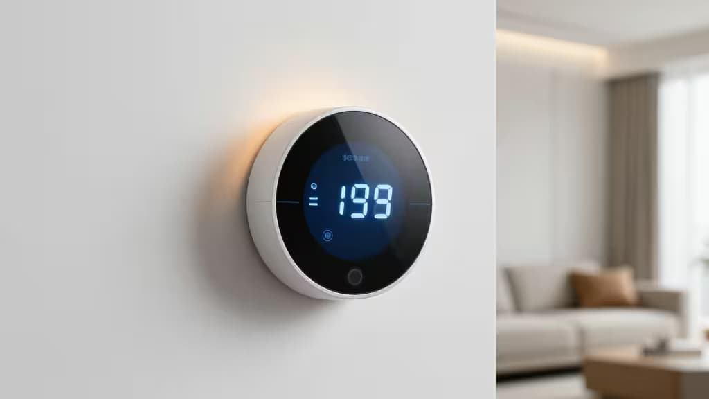 Thermostat intelligent circulaire blanc avec affichage digital bleu, monté sur un mur dans un salon moderne éclairé doucement.