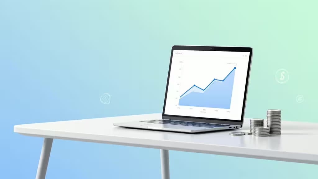 Concetto finanziario astratto: scrivania moderna con laptop che mostra grafici di crescita e monete disposte su sfondo con gradiente blu e verde