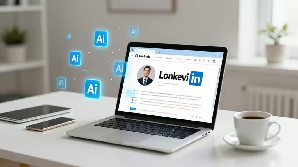 Laptop displays LinkedIn profile with floating blue AI icons, coffee cup beside it.
