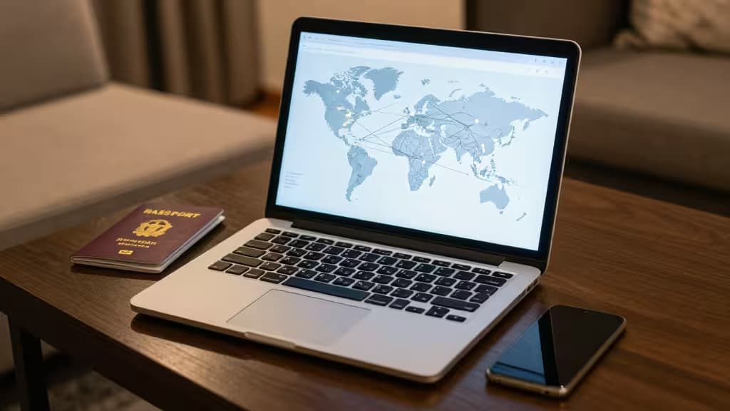 Laptop displays world map with connections, passport and smartphone on wooden table.